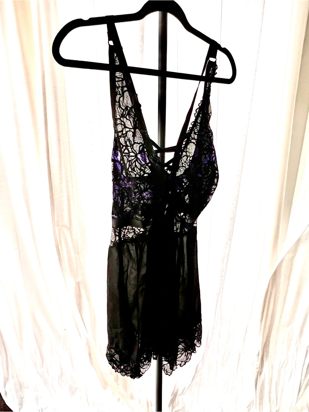 Sheer Lace Chemise Nightdress - Black Purple Flowers- Torrd